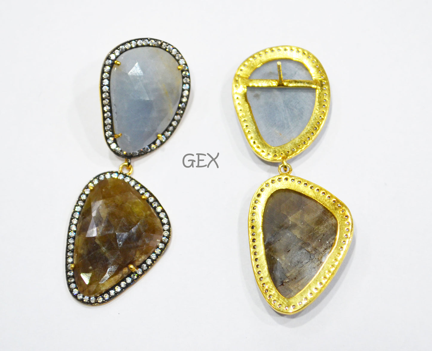 92.5 Sterling Silver Shaded Brown And Blue Sapphire Faceted Fancy Shape Earring , Shaded Brown And Blue Sapphire With Pave Cubic Zirconia Earring , 63 mm , E-003