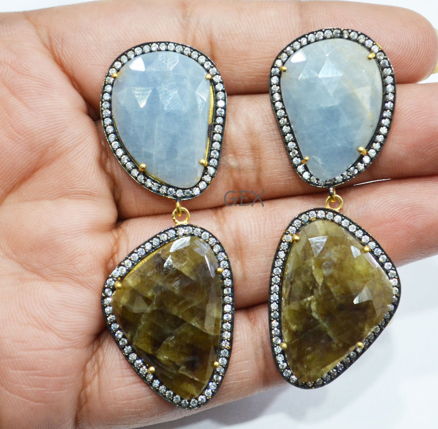 92.5 Sterling Silver Shaded Brown And Blue Sapphire Faceted Fancy Shape Earring , Shaded Brown And Blue Sapphire With Pave Cubic Zirconia Earring , 63 mm , E-003