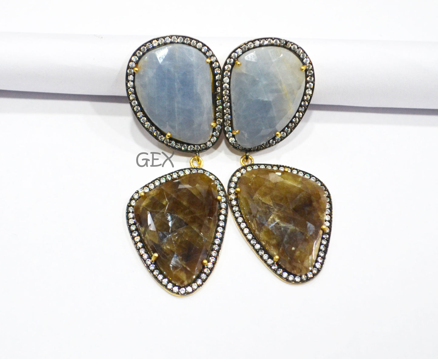 92.5 Sterling Silver Shaded Brown And Blue Sapphire Faceted Fancy Shape Earring , Shaded Brown And Blue Sapphire With Pave Cubic Zirconia Earring , 63 mm , E-003