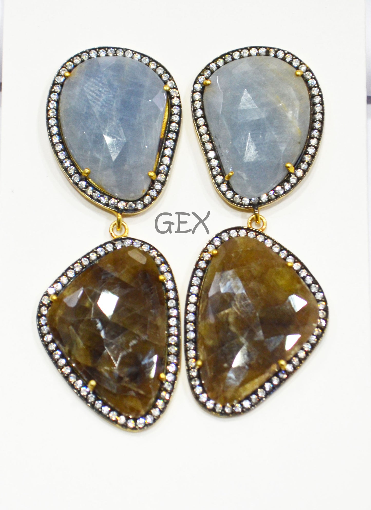 92.5 Sterling Silver Shaded Brown And Blue Sapphire Faceted Fancy Shape Earring , Shaded Brown And Blue Sapphire With Pave Cubic Zirconia Earring , 63 mm , E-003