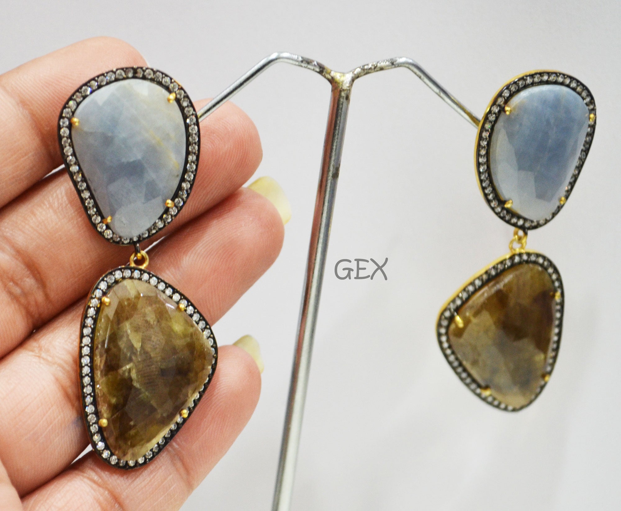92.5 Sterling Silver Shaded Brown And Blue Sapphire Faceted Fancy Shape Earring , Shaded Brown And Blue Sapphire With Pave Cubic Zirconia Earring , 63 mm , E-003