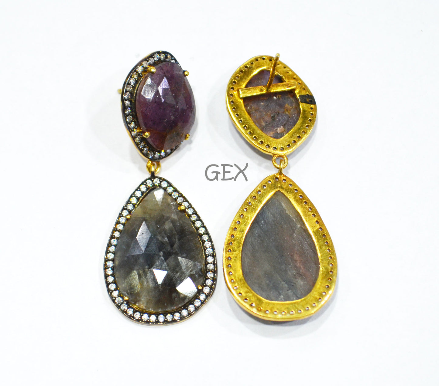 92.5 Sterling Silver Shaded Ruby And Black Sapphire Faceted Fancy Shape Earring , Shaded Ruby And Black Sapphire With Pave Cubic Zirconia Earring , 55 mm , E-004