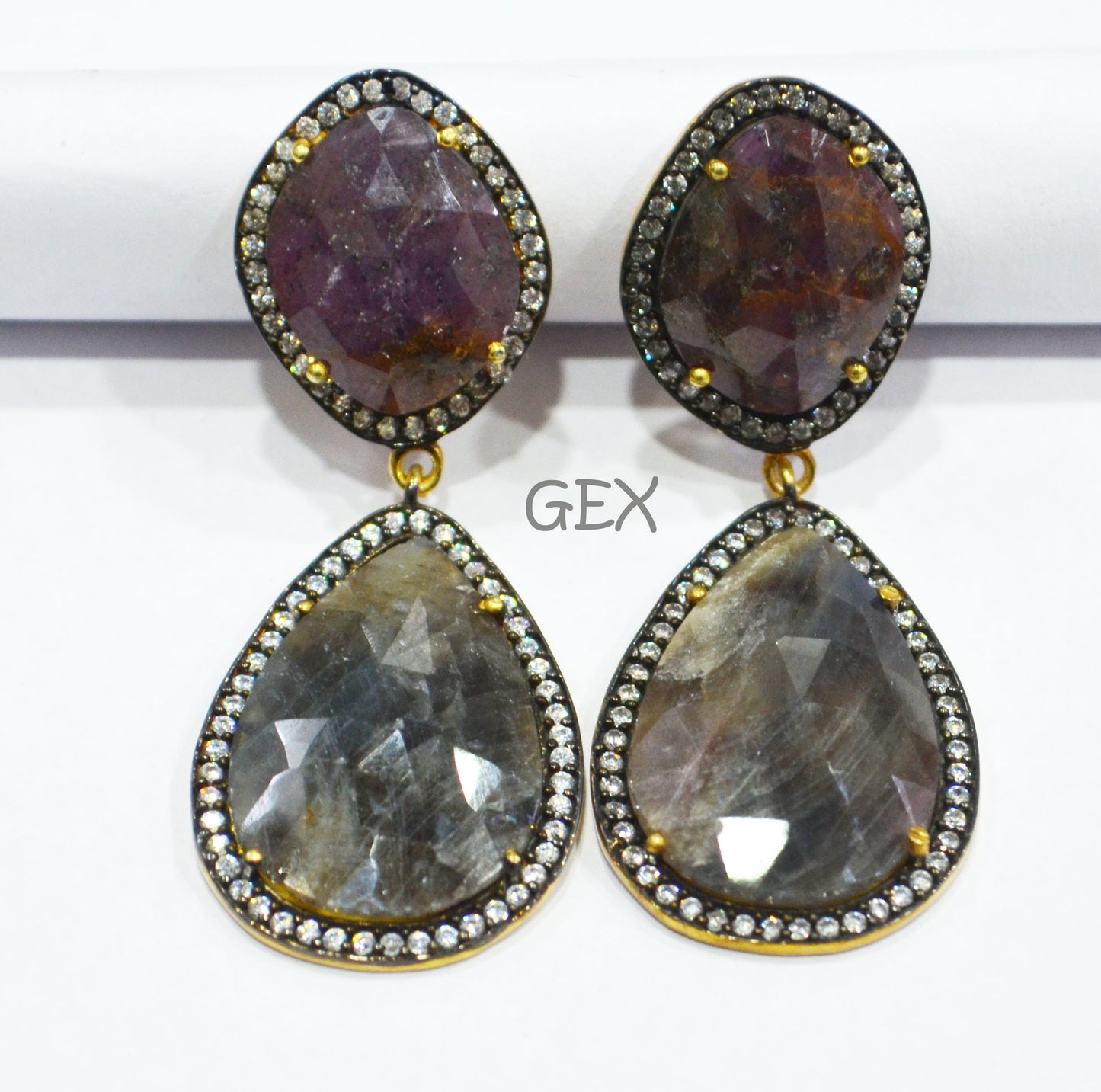 92.5 Sterling Silver Shaded Ruby And Black Sapphire Faceted Fancy Shape Earring , Shaded Ruby And Black Sapphire With Pave Cubic Zirconia Earring , 55 mm , E-004