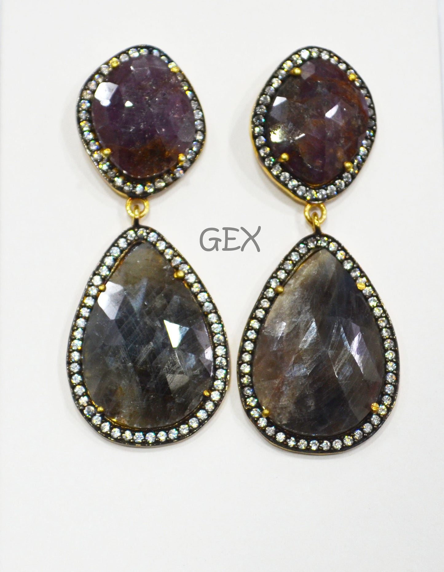 92.5 Sterling Silver Shaded Ruby And Black Sapphire Faceted Fancy Shape Earring , Shaded Ruby And Black Sapphire With Pave Cubic Zirconia Earring , 55 mm , E-004
