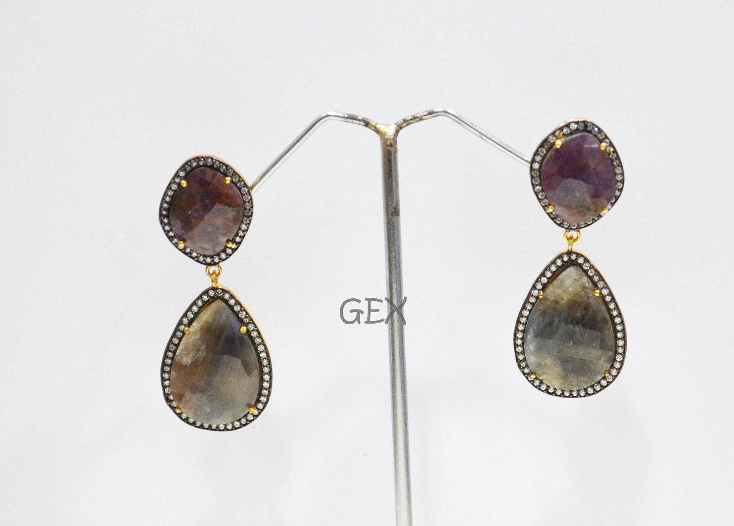 92.5 Sterling Silver Shaded Ruby And Black Sapphire Faceted Fancy Shape Earring , Shaded Ruby And Black Sapphire With Pave Cubic Zirconia Earring , 55 mm , E-004