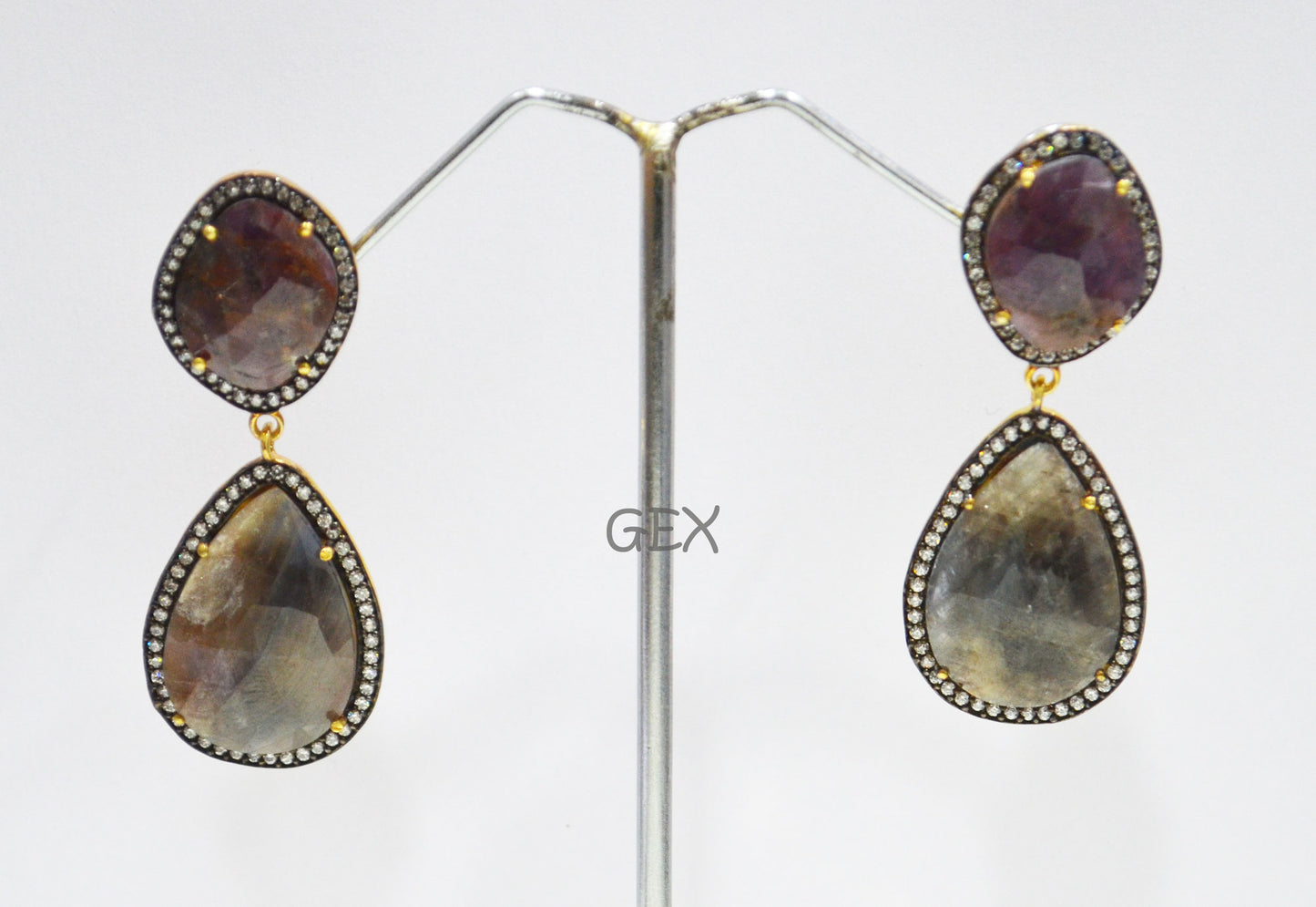 92.5 Sterling Silver Shaded Ruby And Black Sapphire Faceted Fancy Shape Earring , Shaded Ruby And Black Sapphire With Pave Cubic Zirconia Earring , 55 mm , E-004