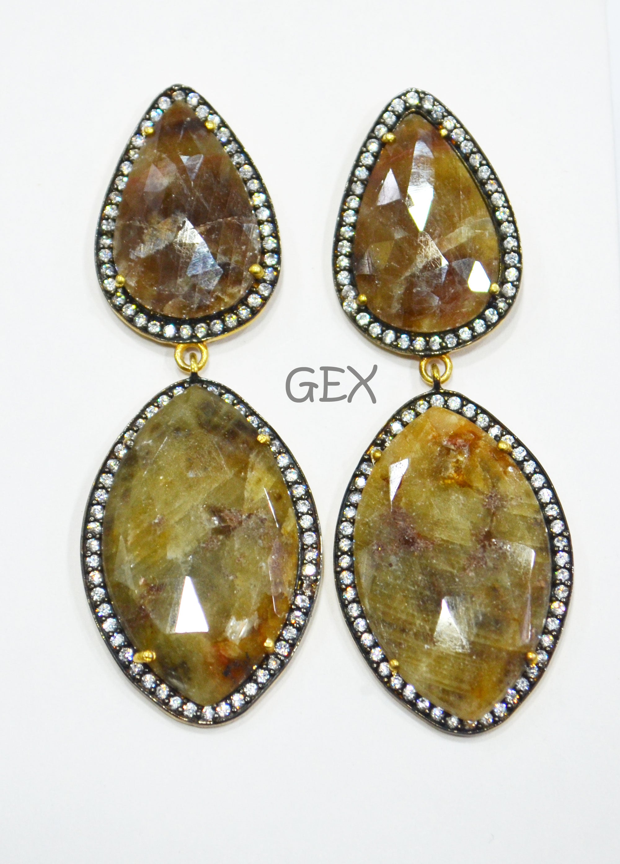92.5 Sterling Silver Shaded Yellow Sapphire Faceted Fancy Shape Earring , Shaded Yellow Sapphire With Pave Cubic Zirconia Earring , 60 mm , E-005