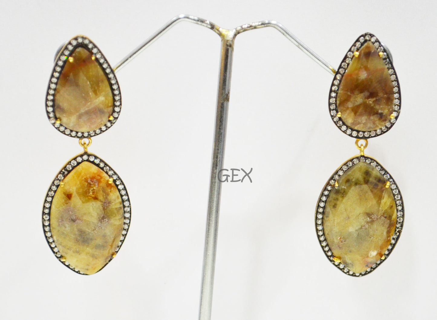 92.5 Sterling Silver Shaded Yellow Sapphire Faceted Fancy Shape Earring , Shaded Yellow Sapphire With Pave Cubic Zirconia Earring , 60 mm , E-005