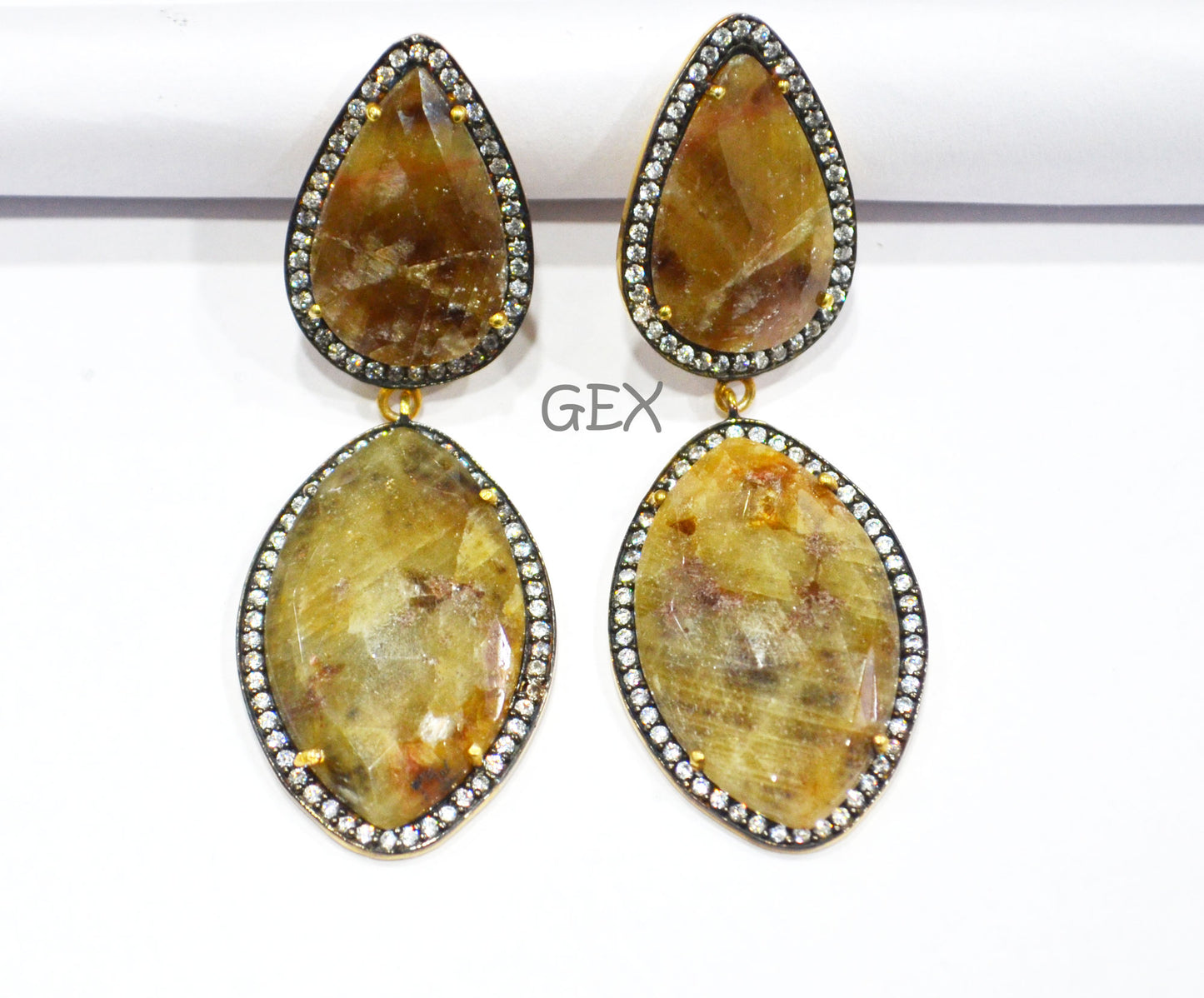 92.5 Sterling Silver Shaded Yellow Sapphire Faceted Fancy Shape Earring , Shaded Yellow Sapphire With Pave Cubic Zirconia Earring , 60 mm , E-005