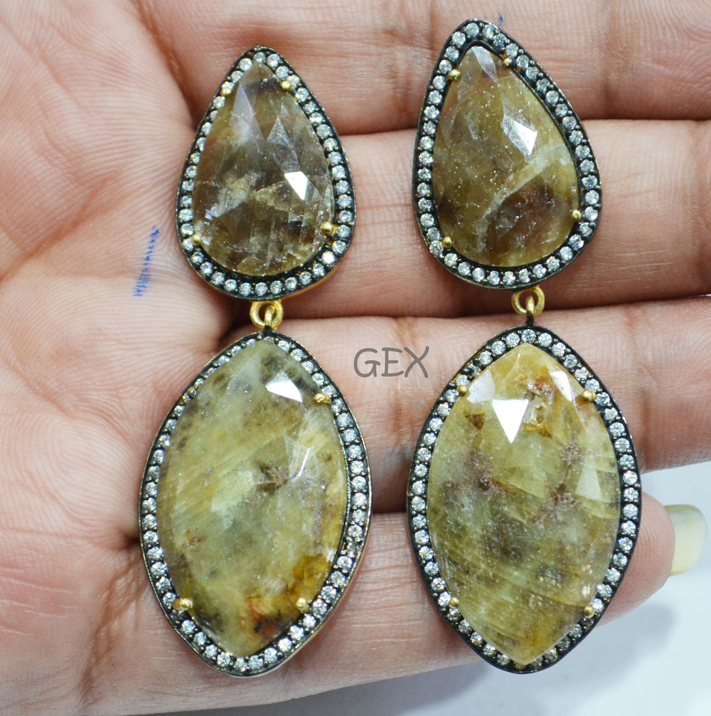 92.5 Sterling Silver Shaded Yellow Sapphire Faceted Fancy Shape Earring , Shaded Yellow Sapphire With Pave Cubic Zirconia Earring , 60 mm , E-005