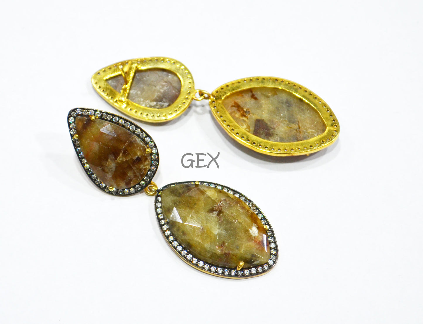 92.5 Sterling Silver Shaded Yellow Sapphire Faceted Fancy Shape Earring , Shaded Yellow Sapphire With Pave Cubic Zirconia Earring , 60 mm , E-005