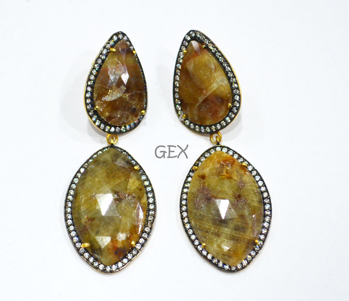 92.5 Sterling Silver Shaded Yellow Sapphire Faceted Fancy Shape Earring , Shaded Yellow Sapphire With Pave Cubic Zirconia Earring , 60 mm , E-005