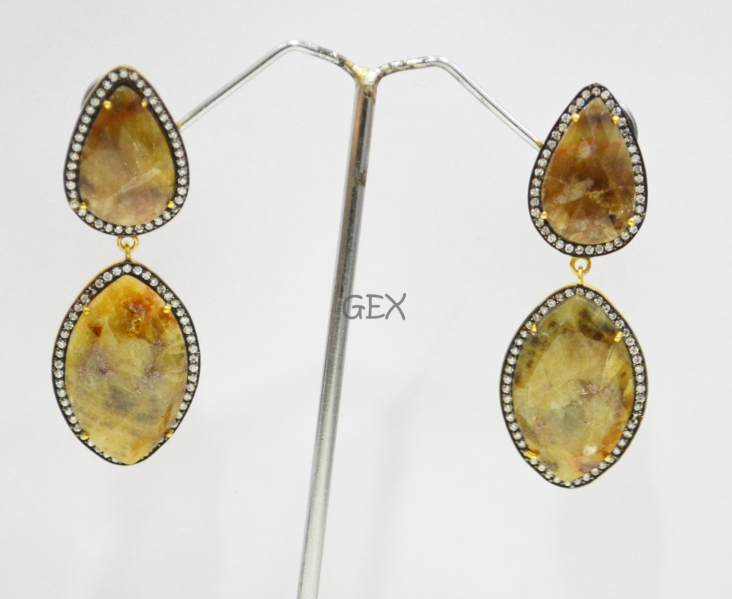 92.5 Sterling Silver Shaded Yellow Sapphire Faceted Fancy Shape Earring , Shaded Yellow Sapphire With Pave Cubic Zirconia Earring , 60 mm , E-005