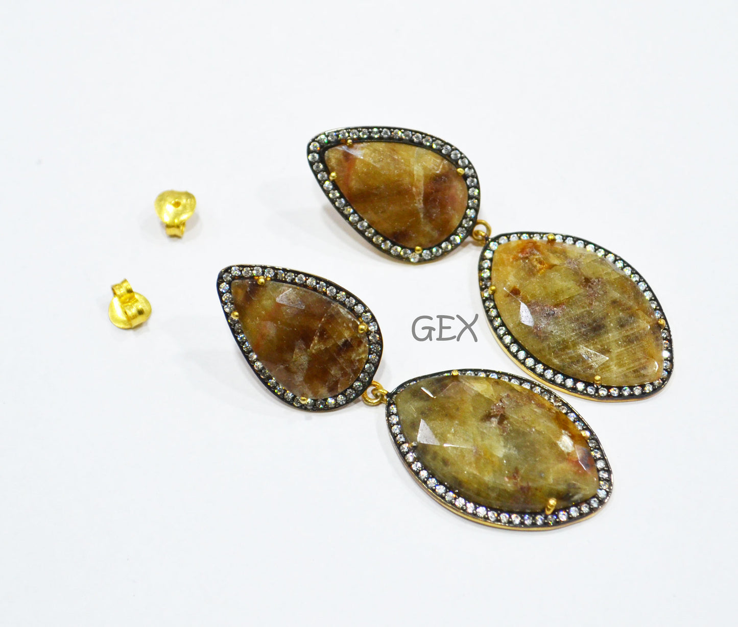 92.5 Sterling Silver Shaded Yellow Sapphire Faceted Fancy Shape Earring , Shaded Yellow Sapphire With Pave Cubic Zirconia Earring , 60 mm , E-005