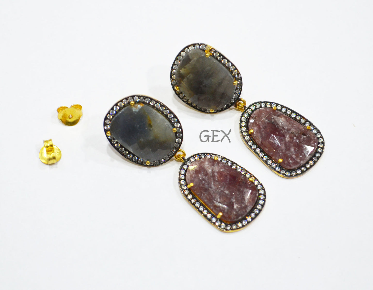 92.5 Sterling Silver Shaded Ruby And Black Sapphire Faceted Fancy Shape Earring , Shaded Ruby And Black Sapphire With Pave Cubic Zirconia Earring , 47 mm , E-008