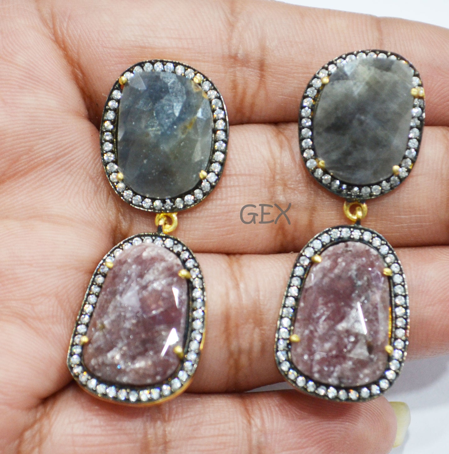 92.5 Sterling Silver Shaded Ruby And Black Sapphire Faceted Fancy Shape Earring , Shaded Ruby And Black Sapphire With Pave Cubic Zirconia Earring , 47 mm , E-008