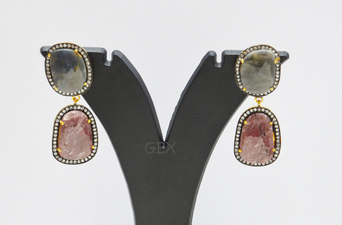 92.5 Sterling Silver Shaded Ruby And Black Sapphire Faceted Fancy Shape Earring , Shaded Ruby And Black Sapphire With Pave Cubic Zirconia Earring , 47 mm , E-008