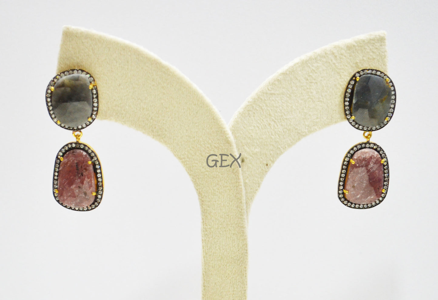 92.5 Sterling Silver Shaded Ruby And Black Sapphire Faceted Fancy Shape Earring , Shaded Ruby And Black Sapphire With Pave Cubic Zirconia Earring , 47 mm , E-008