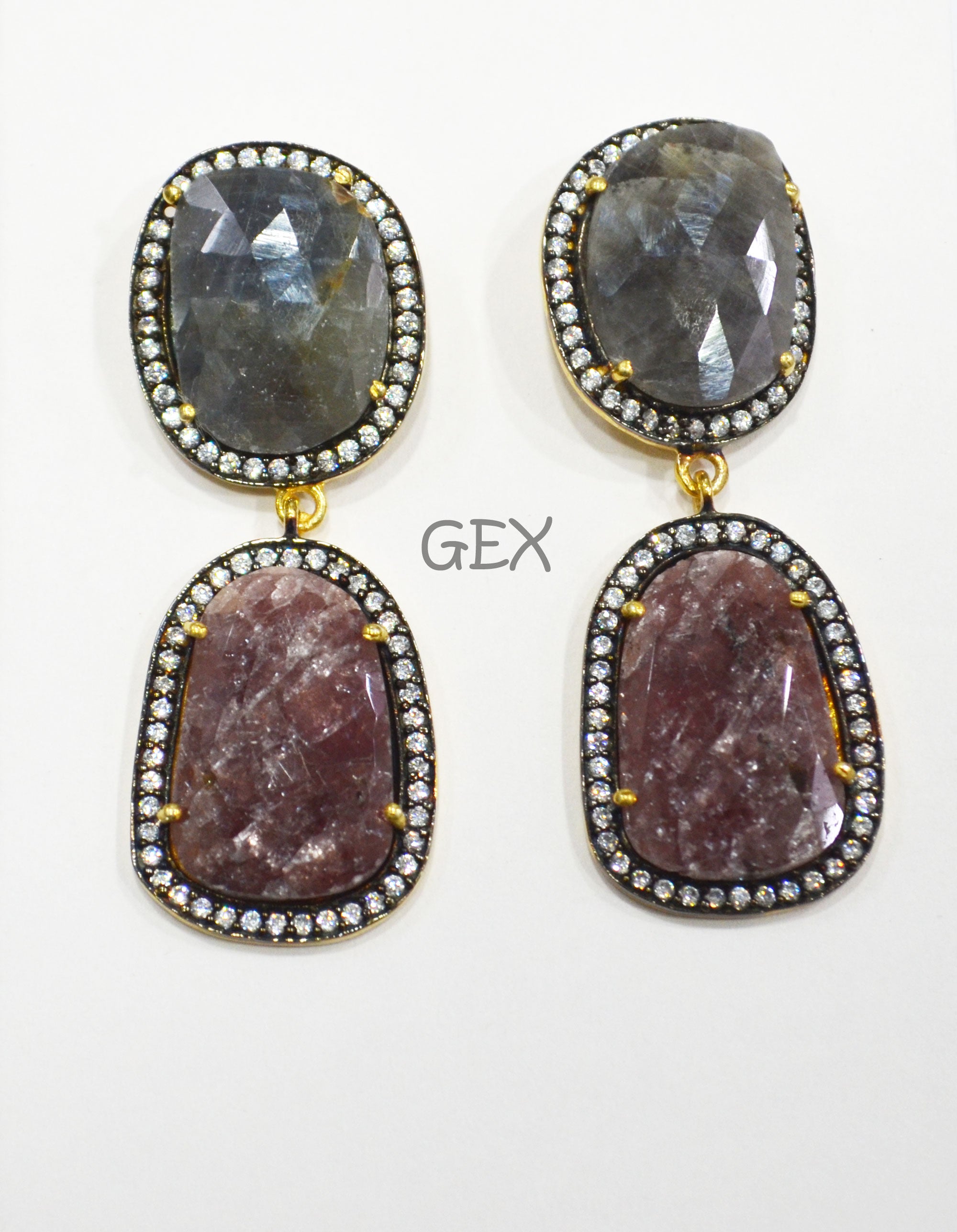 92.5 Sterling Silver Shaded Ruby And Black Sapphire Faceted Fancy Shape Earring , Shaded Ruby And Black Sapphire With Pave Cubic Zirconia Earring , 47 mm , E-008