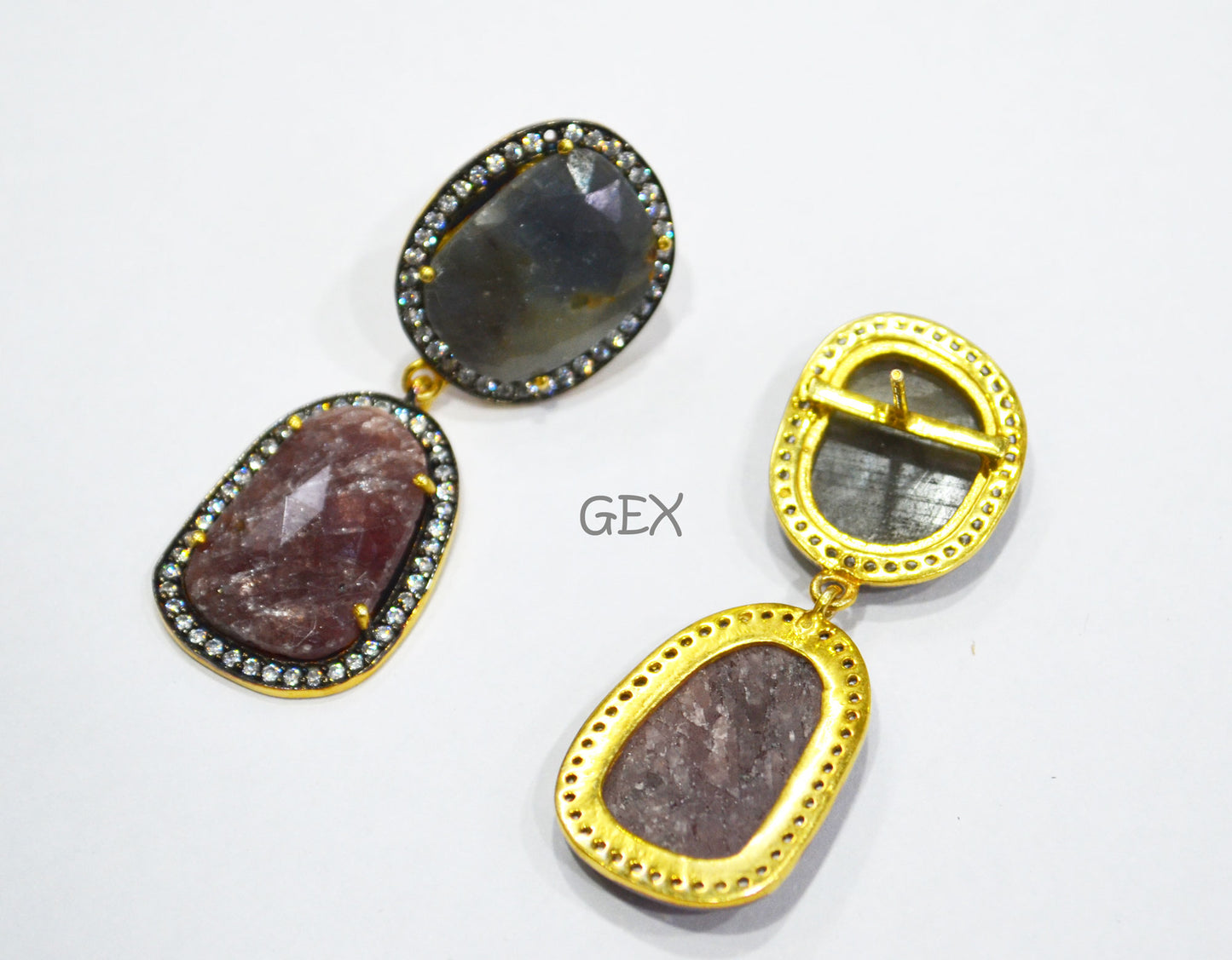 92.5 Sterling Silver Shaded Ruby And Black Sapphire Faceted Fancy Shape Earring , Shaded Ruby And Black Sapphire With Pave Cubic Zirconia Earring , 47 mm , E-008