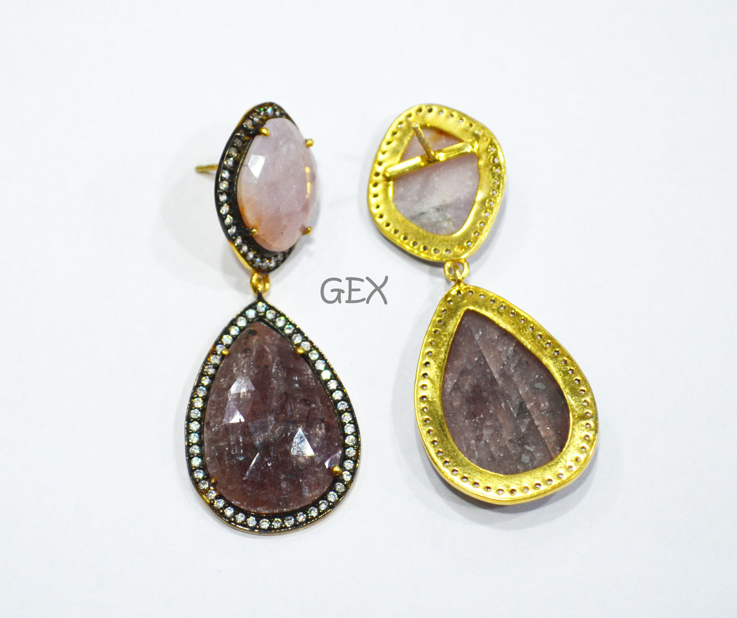 92.5 Sterling Silver Ruby And Baby Pink Sapphire Faceted Fancy Shape Earring , Ruby And Baby Pink Sapphire With Pave Cubic Zirconia Earring , 55 mm , E-009