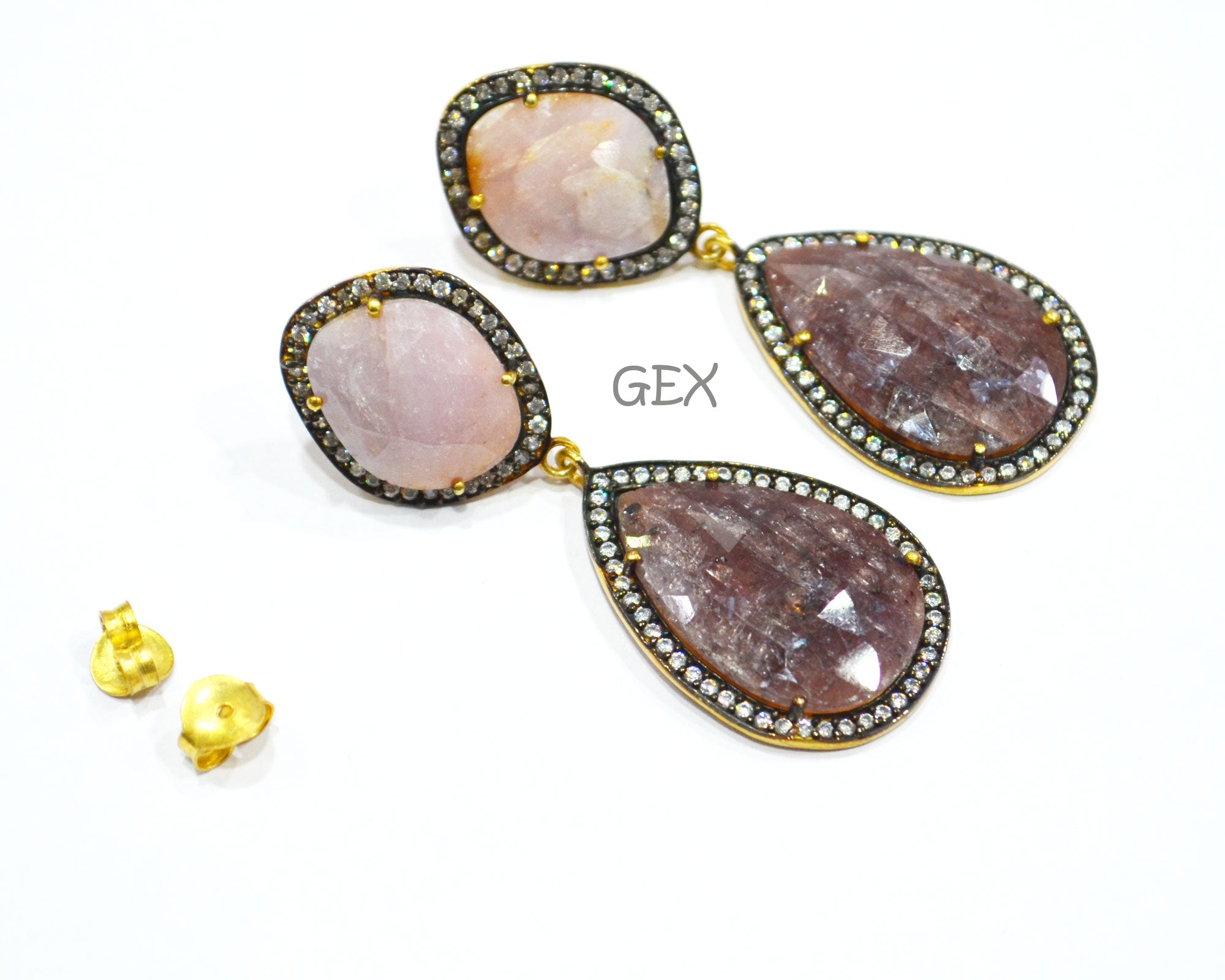 92.5 Sterling Silver Ruby And Baby Pink Sapphire Faceted Fancy Shape Earring , Ruby And Baby Pink Sapphire With Pave Cubic Zirconia Earring , 55 mm , E-009