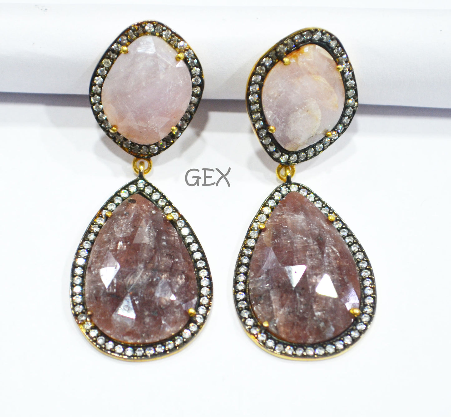 92.5 Sterling Silver Ruby And Baby Pink Sapphire Faceted Fancy Shape Earring , Ruby And Baby Pink Sapphire With Pave Cubic Zirconia Earring , 55 mm , E-009