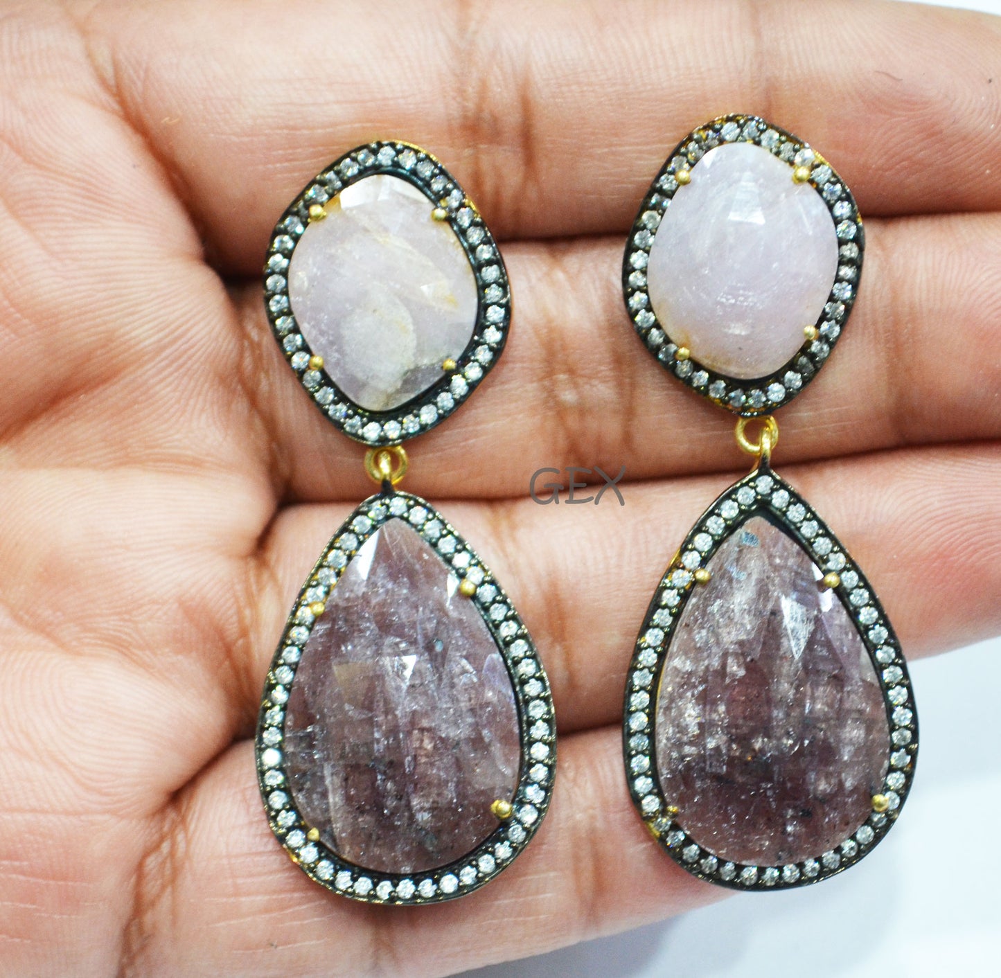 92.5 Sterling Silver Ruby And Baby Pink Sapphire Faceted Fancy Shape Earring , Ruby And Baby Pink Sapphire With Pave Cubic Zirconia Earring , 55 mm , E-009
