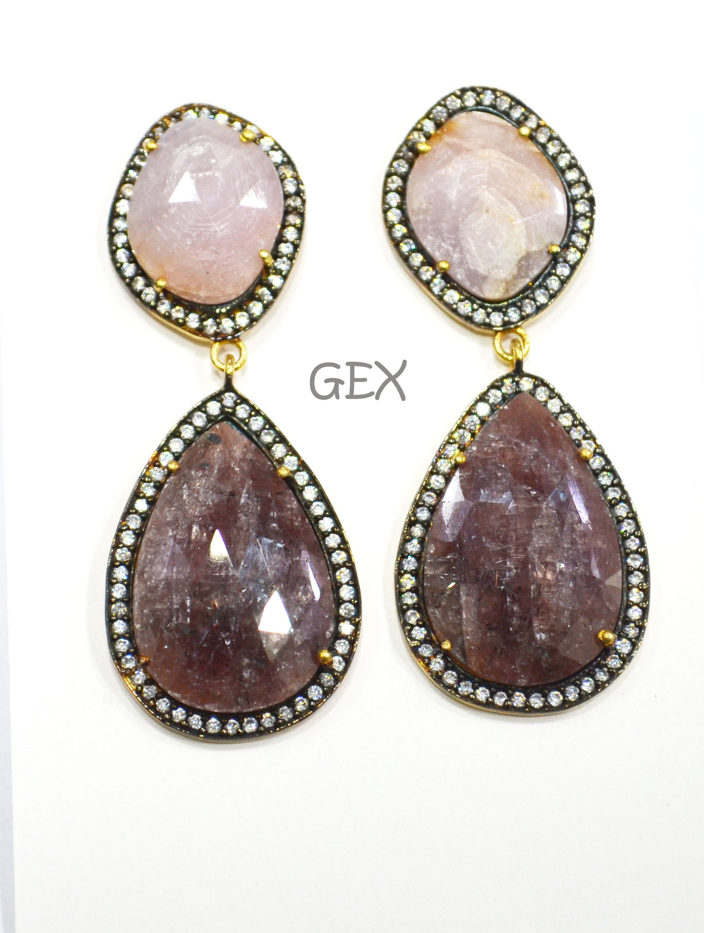 92.5 Sterling Silver Ruby And Baby Pink Sapphire Faceted Fancy Shape Earring , Ruby And Baby Pink Sapphire With Pave Cubic Zirconia Earring , 55 mm , E-009
