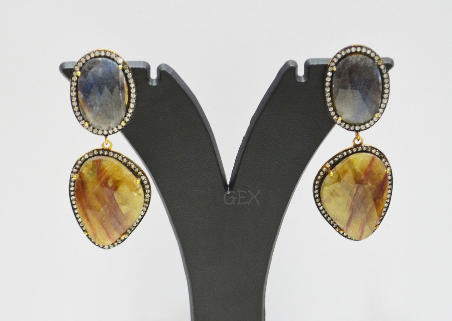 92.5 Sterling Silver Shaded Blue And Yellow Sapphire Faceted Fancy Shape Earring , Shaded Blue And Yellow Sapphire With Pave Cubic Zirconia Earring , 58 mm , E-010