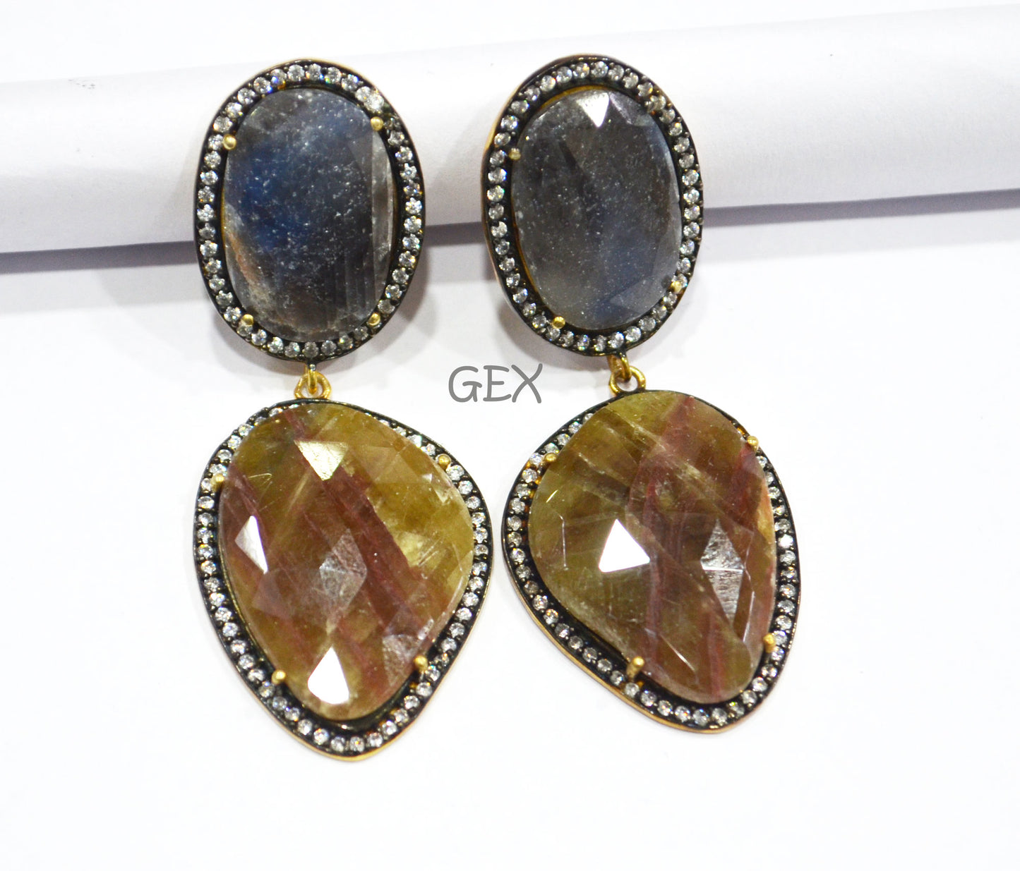 92.5 Sterling Silver Shaded Blue And Yellow Sapphire Faceted Fancy Shape Earring , Shaded Blue And Yellow Sapphire With Pave Cubic Zirconia Earring , 58 mm , E-010