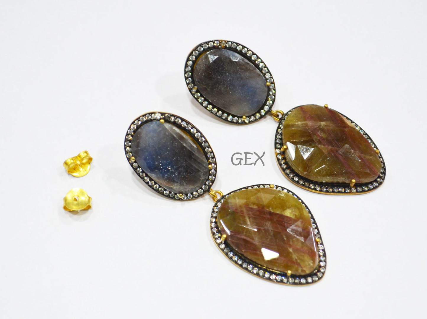 92.5 Sterling Silver Shaded Blue And Yellow Sapphire Faceted Fancy Shape Earring , Shaded Blue And Yellow Sapphire With Pave Cubic Zirconia Earring , 58 mm , E-010