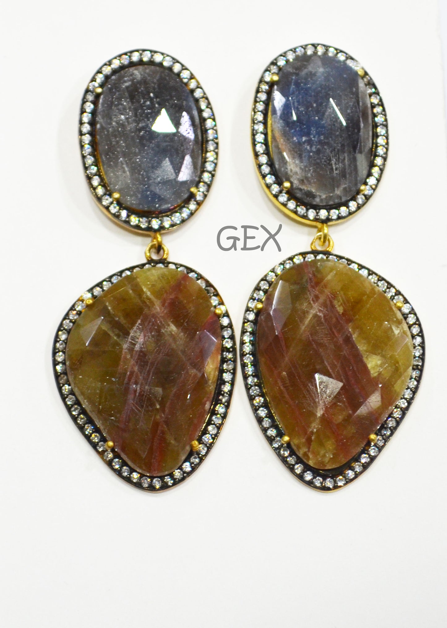 92.5 Sterling Silver Shaded Blue And Yellow Sapphire Faceted Fancy Shape Earring , Shaded Blue And Yellow Sapphire With Pave Cubic Zirconia Earring , 58 mm , E-010