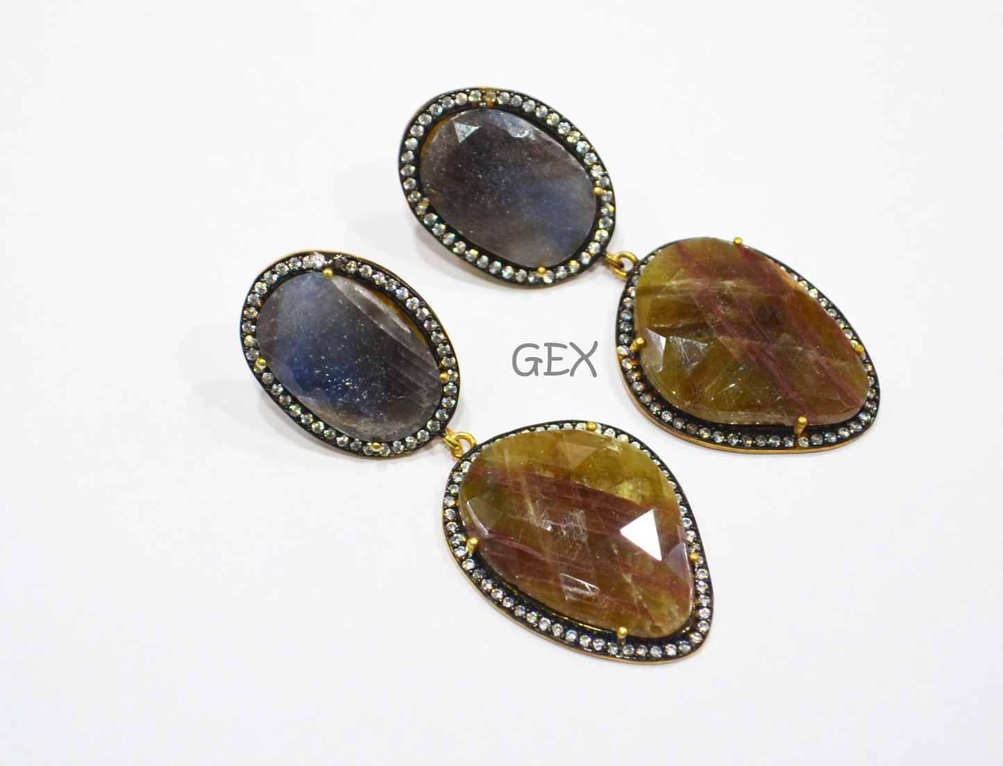 92.5 Sterling Silver Shaded Blue And Yellow Sapphire Faceted Fancy Shape Earring , Shaded Blue And Yellow Sapphire With Pave Cubic Zirconia Earring , 58 mm , E-010