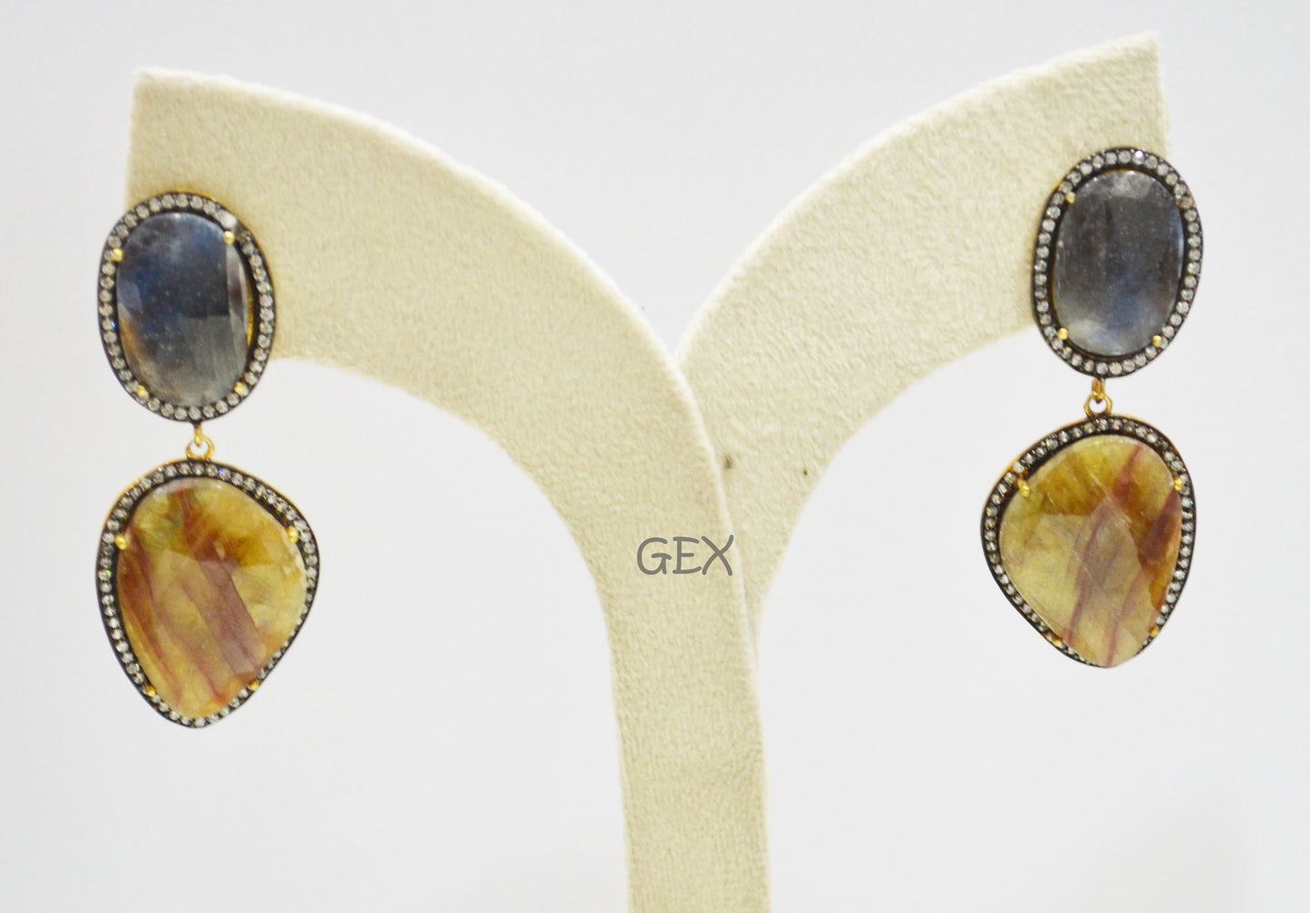 92.5 Sterling Silver Shaded Blue And Yellow Sapphire Faceted Fancy Shape Earring , Shaded Blue And Yellow Sapphire With Pave Cubic Zirconia Earring , 58 mm , E-010