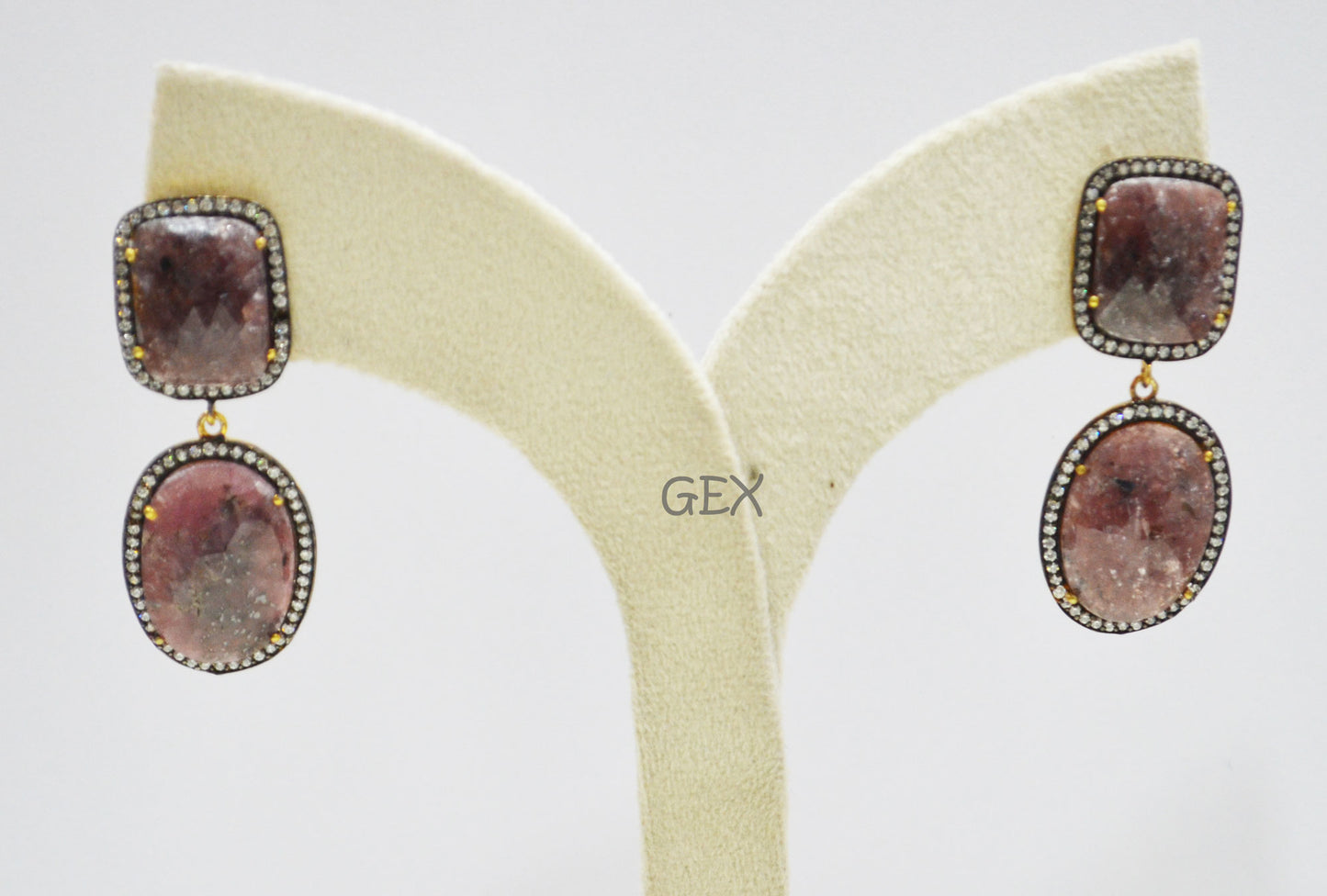92.5 Sterling Silver Shaded Ruby Sapphire Faceted Fancy Shape Earring , Shaded Ruby Sapphire With Pave Cubic Zirconia Earring , 53 mm , E-011