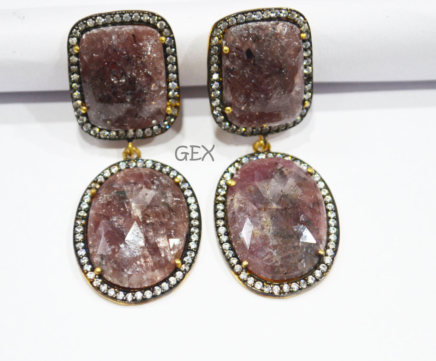 92.5 Sterling Silver Shaded Ruby Sapphire Faceted Fancy Shape Earring , Shaded Ruby Sapphire With Pave Cubic Zirconia Earring , 53 mm , E-011