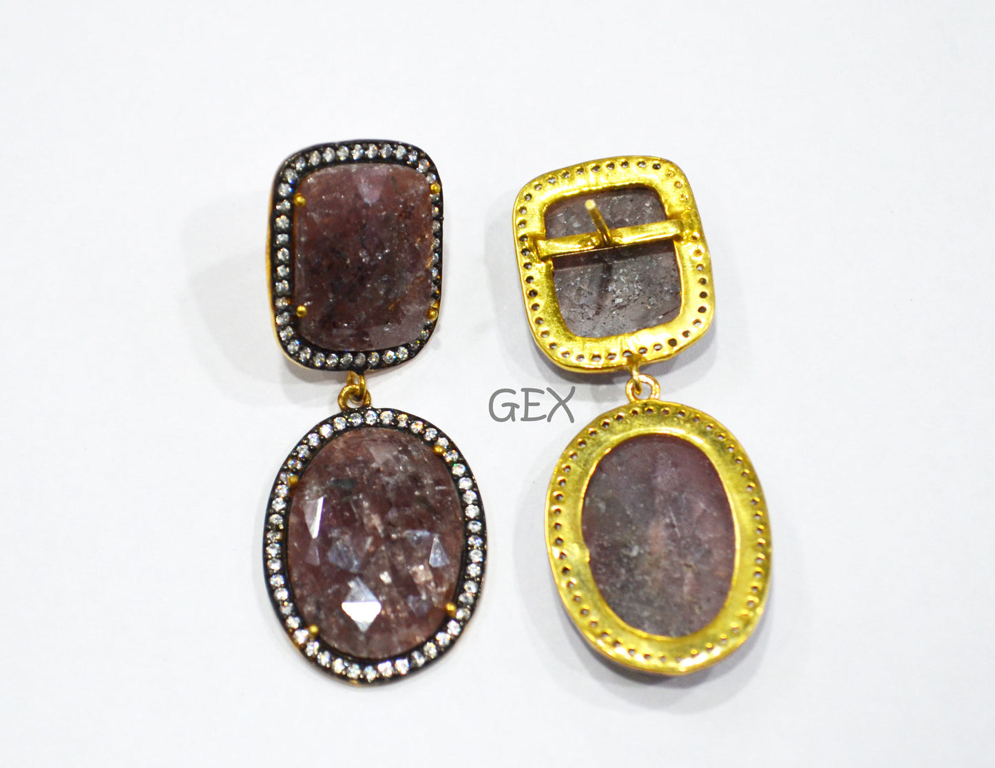 92.5 Sterling Silver Shaded Ruby Sapphire Faceted Fancy Shape Earring , Shaded Ruby Sapphire With Pave Cubic Zirconia Earring , 53 mm , E-011