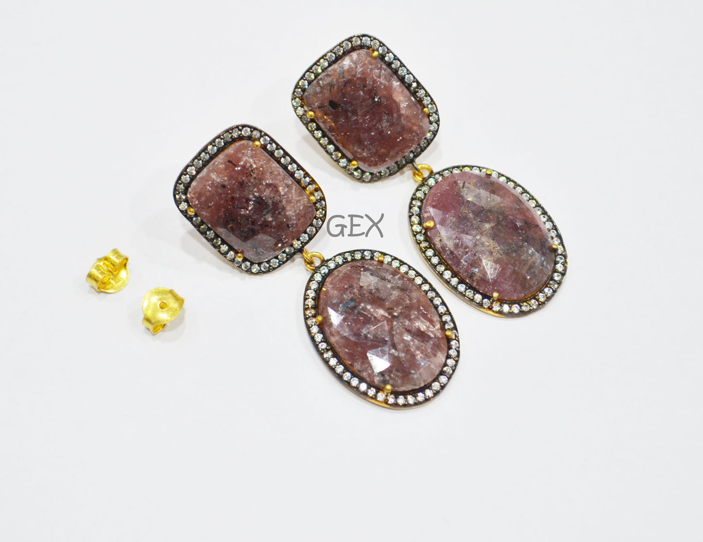 92.5 Sterling Silver Shaded Ruby Sapphire Faceted Fancy Shape Earring , Shaded Ruby Sapphire With Pave Cubic Zirconia Earring , 53 mm , E-011