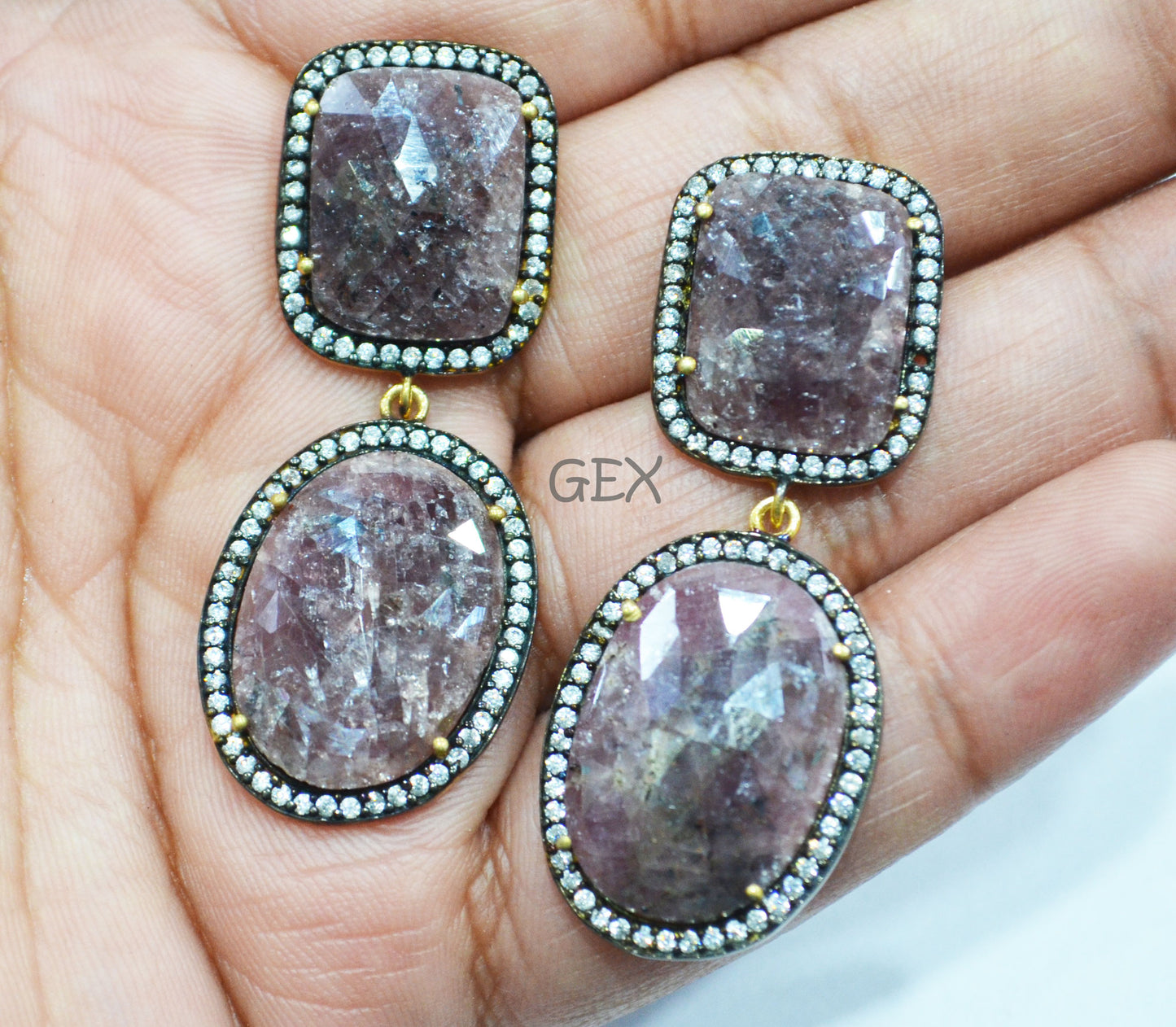 92.5 Sterling Silver Shaded Ruby Sapphire Faceted Fancy Shape Earring , Shaded Ruby Sapphire With Pave Cubic Zirconia Earring , 53 mm , E-011
