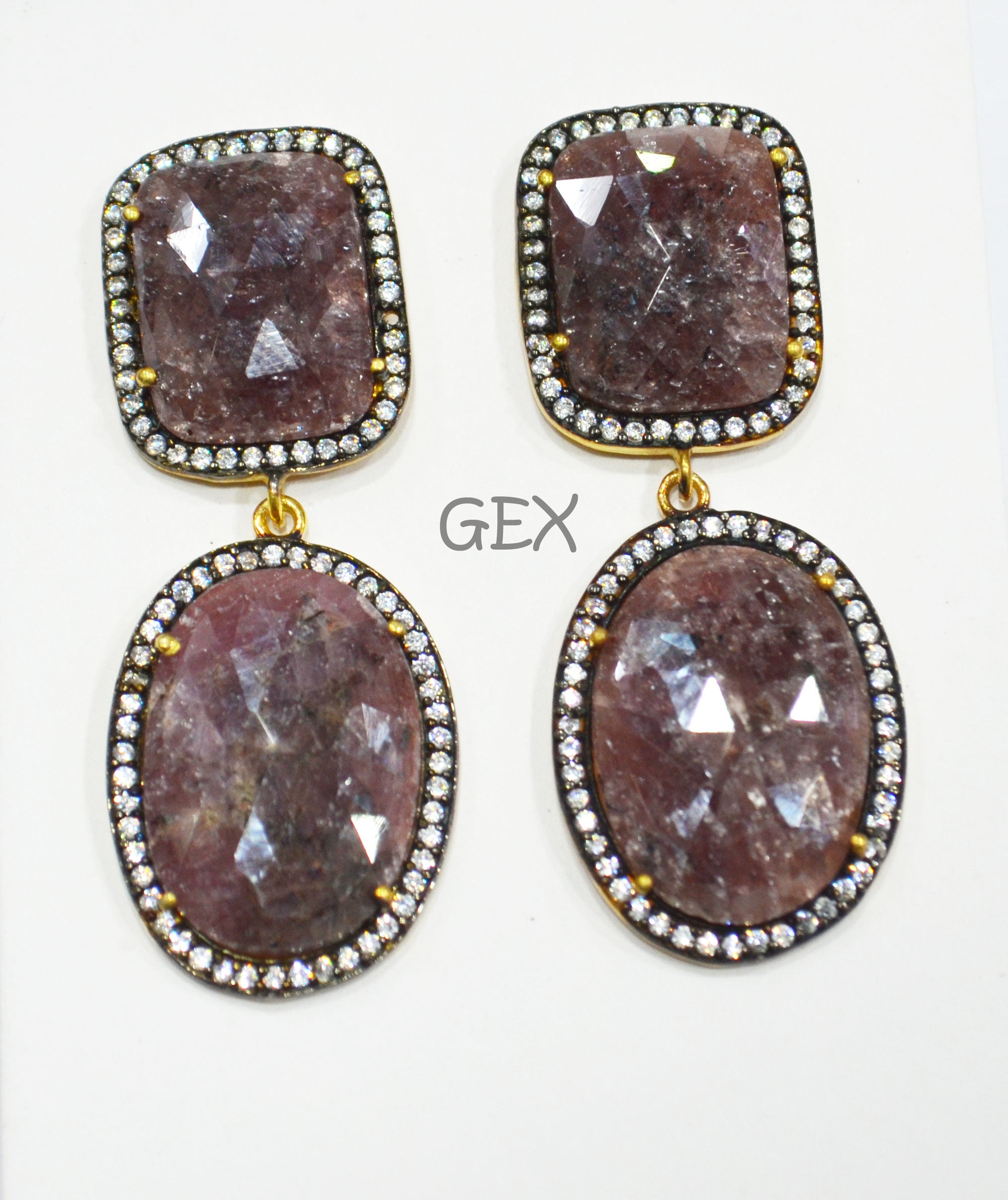 92.5 Sterling Silver Shaded Ruby Sapphire Faceted Fancy Shape Earring , Shaded Ruby Sapphire With Pave Cubic Zirconia Earring , 53 mm , E-011