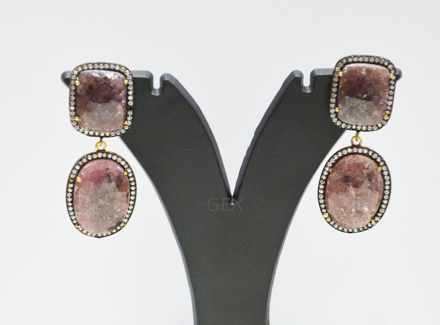 92.5 Sterling Silver Shaded Ruby Sapphire Faceted Fancy Shape Earring , Shaded Ruby Sapphire With Pave Cubic Zirconia Earring , 53 mm , E-011
