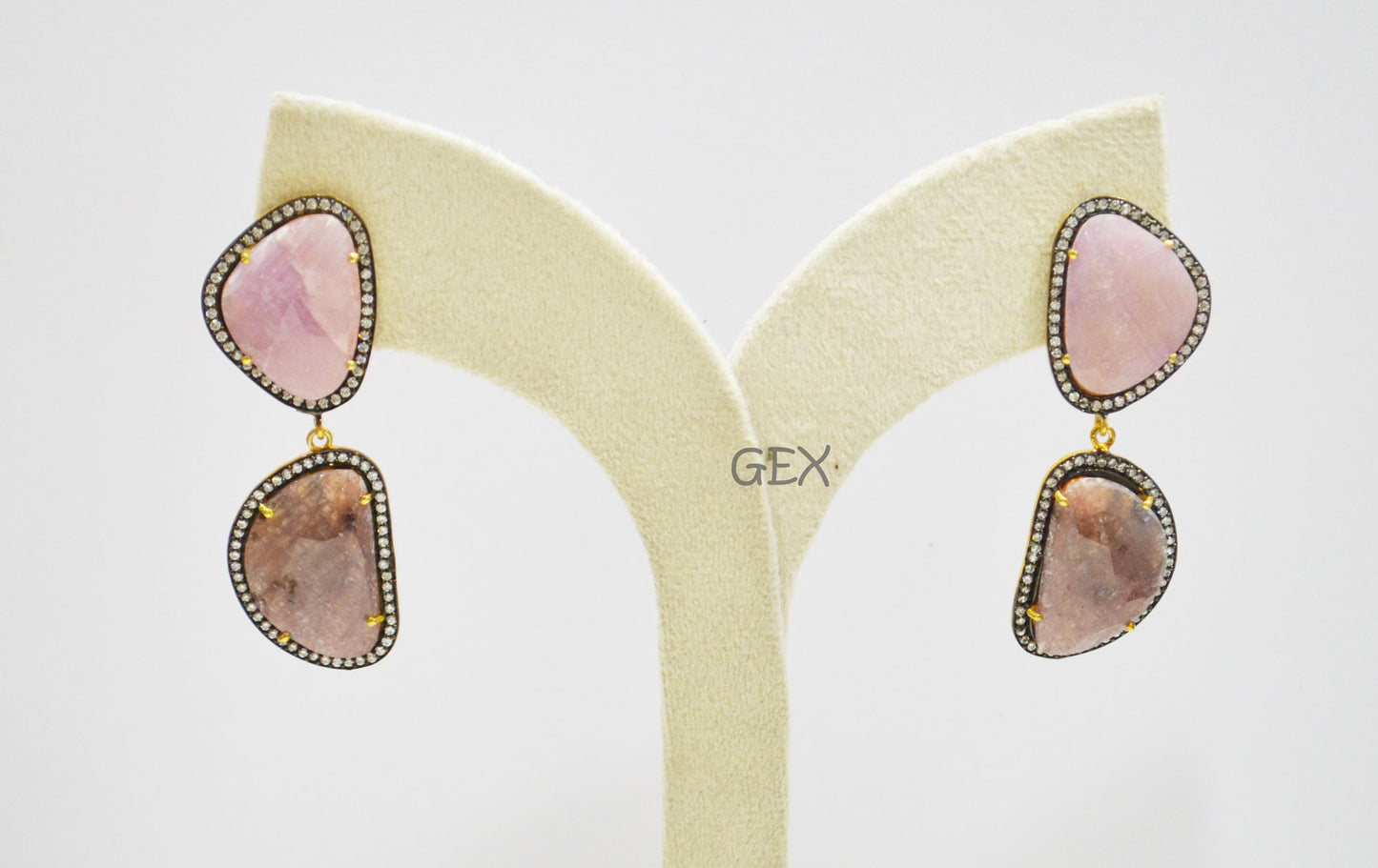 92.5 Sterling Silver Ruby And Baby Pink Sapphire Faceted Fancy Shape Earring , Ruby And Baby Pink Sapphire With Pave Cubic Zirconia Earring , 57 mm , E-012
