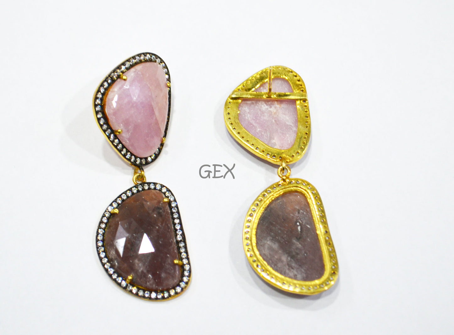 92.5 Sterling Silver Ruby And Baby Pink Sapphire Faceted Fancy Shape Earring , Ruby And Baby Pink Sapphire With Pave Cubic Zirconia Earring , 57 mm , E-012