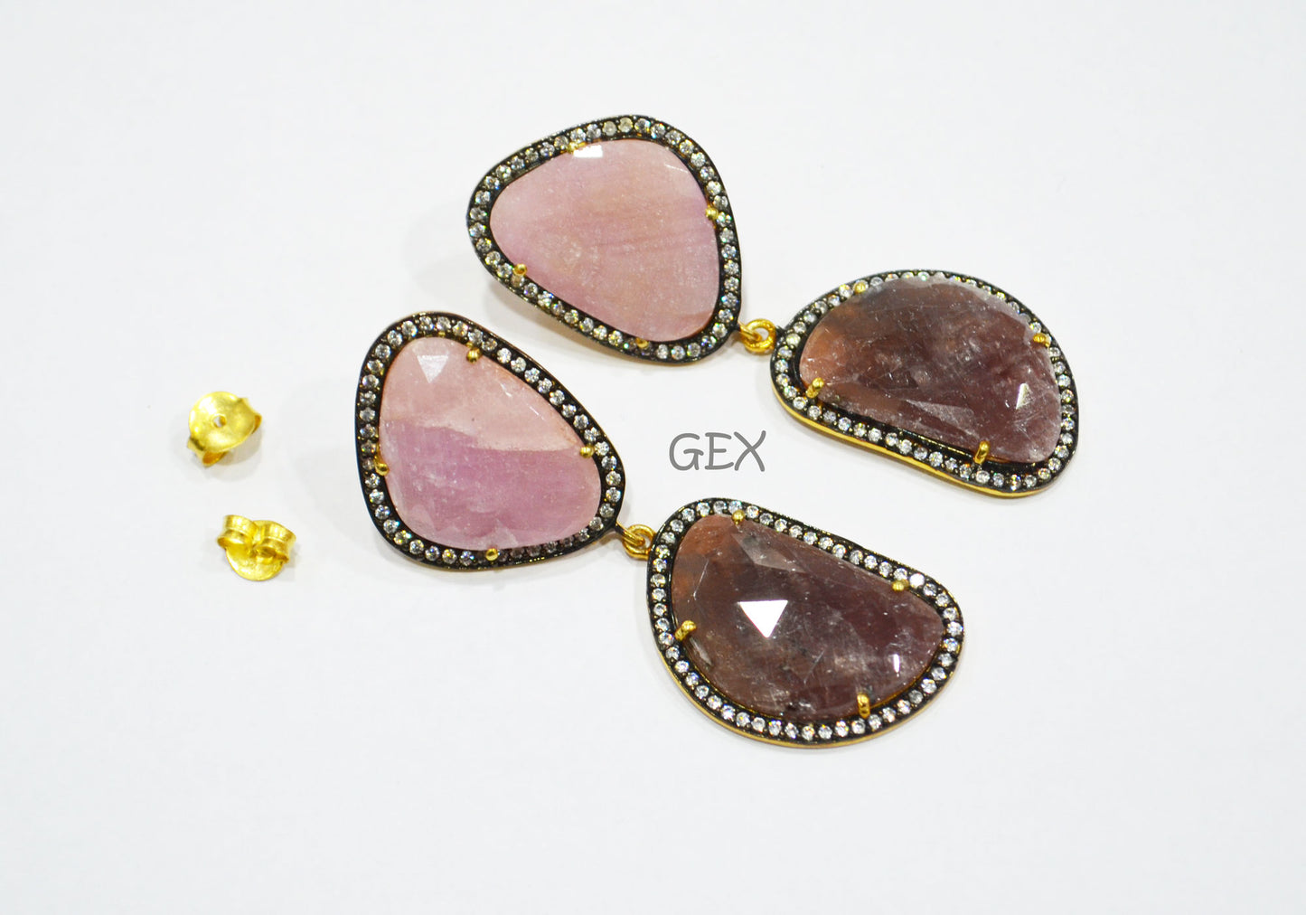 92.5 Sterling Silver Ruby And Baby Pink Sapphire Faceted Fancy Shape Earring , Ruby And Baby Pink Sapphire With Pave Cubic Zirconia Earring , 57 mm , E-012