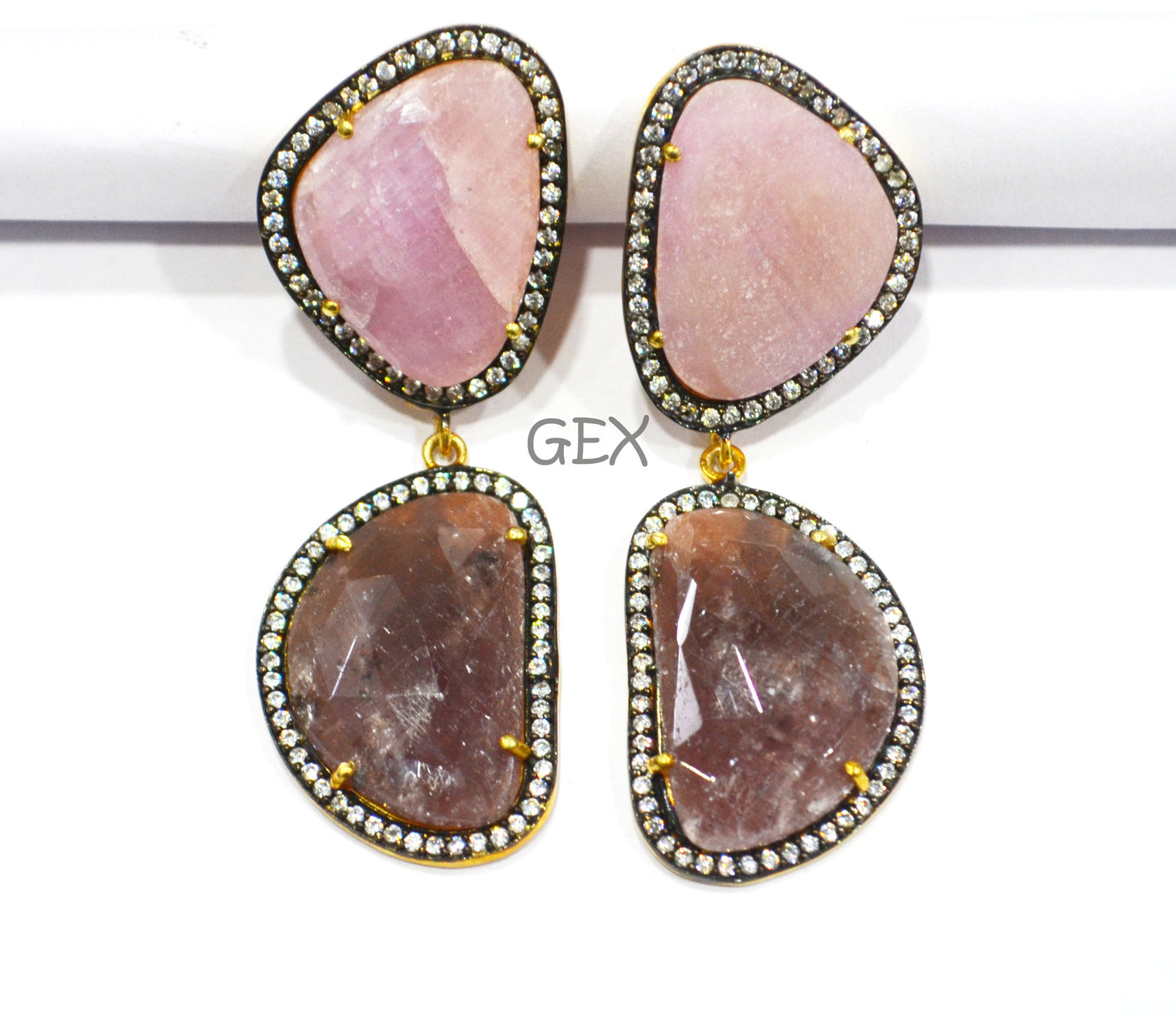 92.5 Sterling Silver Ruby And Baby Pink Sapphire Faceted Fancy Shape Earring , Ruby And Baby Pink Sapphire With Pave Cubic Zirconia Earring , 57 mm , E-012