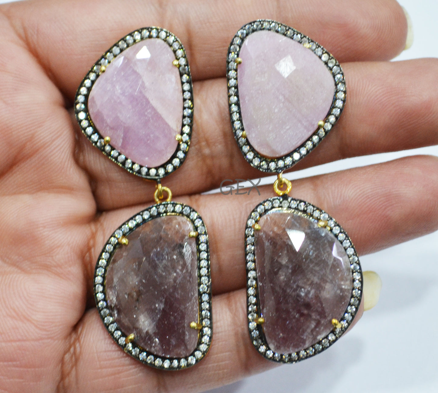 92.5 Sterling Silver Ruby And Baby Pink Sapphire Faceted Fancy Shape Earring , Ruby And Baby Pink Sapphire With Pave Cubic Zirconia Earring , 57 mm , E-012