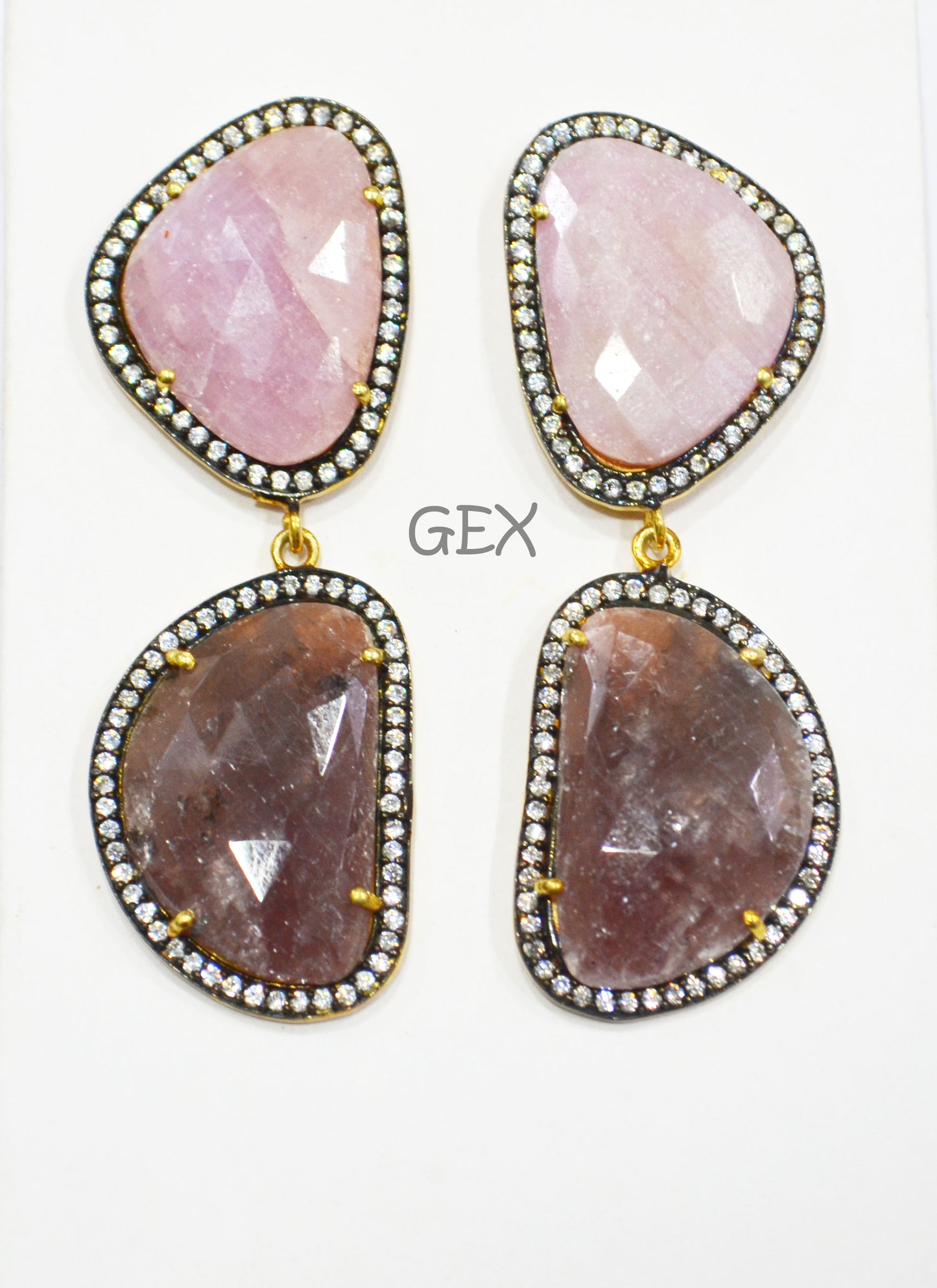 92.5 Sterling Silver Ruby And Baby Pink Sapphire Faceted Fancy Shape Earring , Ruby And Baby Pink Sapphire With Pave Cubic Zirconia Earring , 57 mm , E-012
