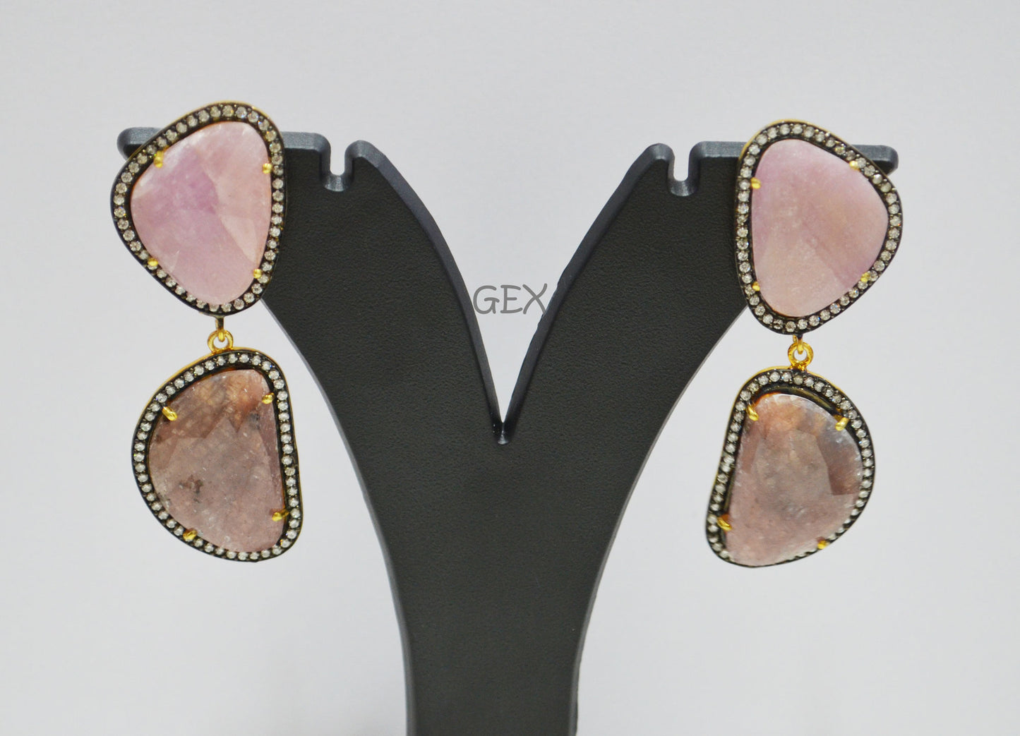 92.5 Sterling Silver Ruby And Baby Pink Sapphire Faceted Fancy Shape Earring , Ruby And Baby Pink Sapphire With Pave Cubic Zirconia Earring , 57 mm , E-012