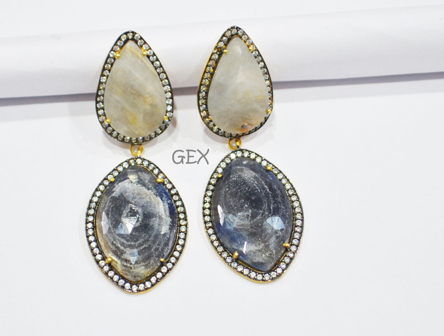 92.5 Sterling Silver Shaded Blue And White Sapphire Faceted Fancy Shape Earring , Shaded Blue And White Sapphire With Pave Cubic Zirconia Earring , 60 mm , E-013